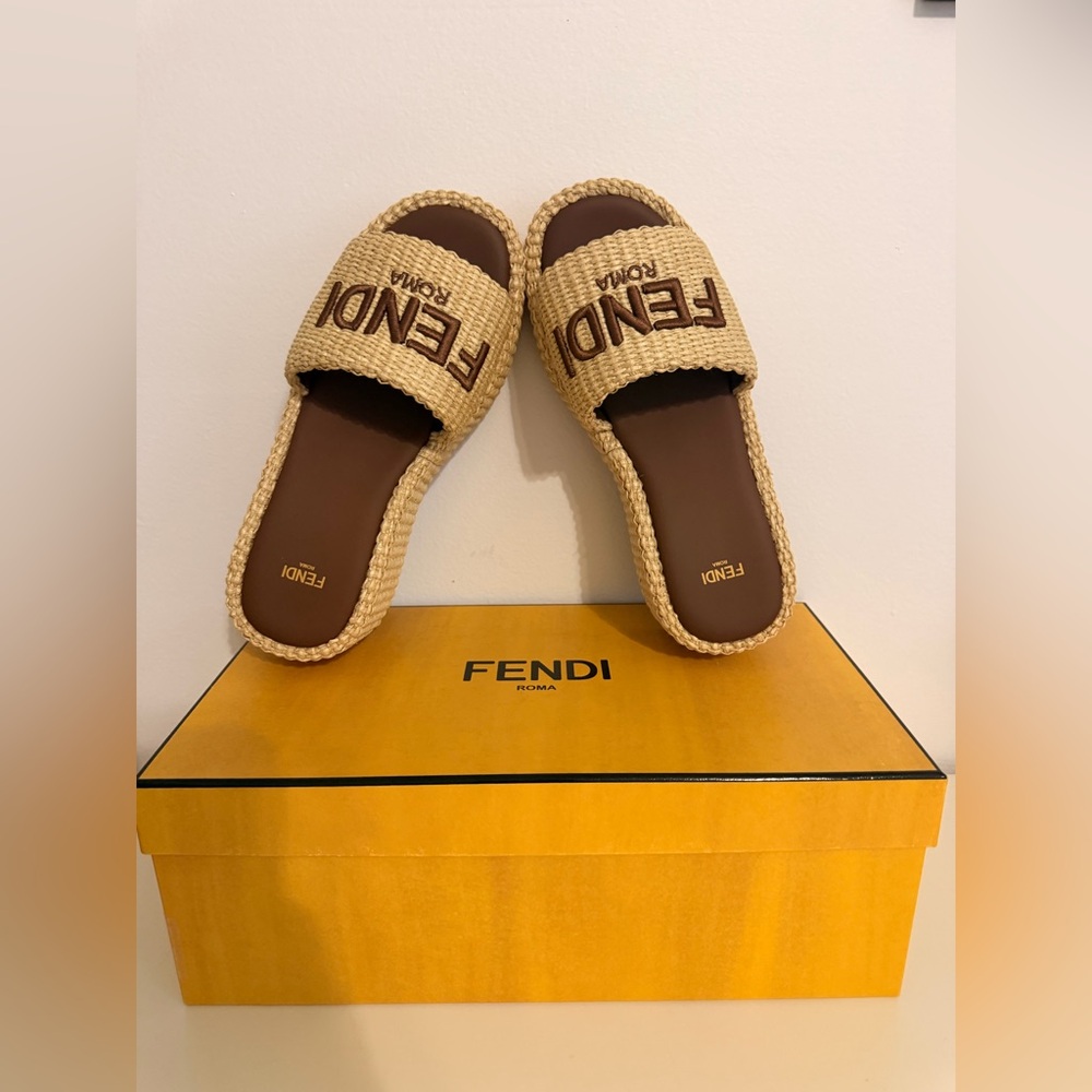 NWB FENDI Raffia FF Sunshine Platform Slide Sandals - Picture 5 of 14